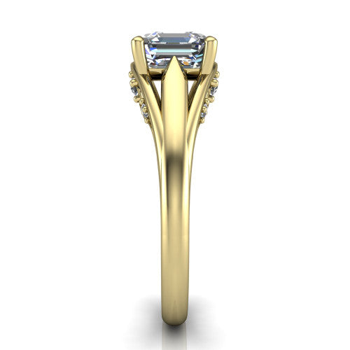 Lucy asscher solitaire engagement ring in 14K Yellow Gold with pavé split shank and filigree gallery, side profile showing the pavé split shank and filigree under-bridge