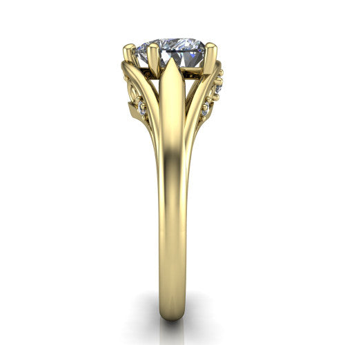 Lucy heart solitaire engagement ring in 14K Yellow Gold with pavé split shank and filigree gallery, side profile showing the pavé split shank and filigree under-bridge