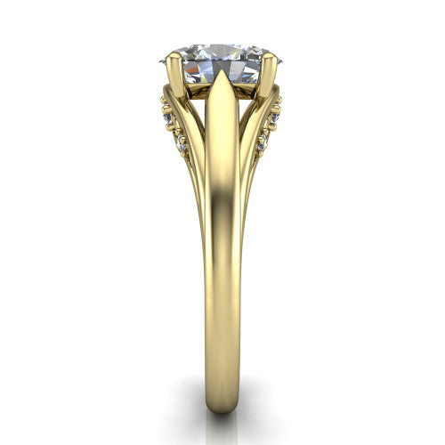 Lucy oval solitaire engagement ring in 14K Yellow Gold with pavé split shank and filigree gallery, side profile showing the pavé split shank and filigree under-bridge