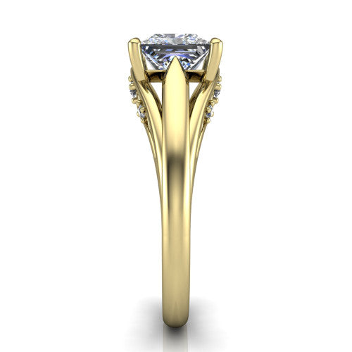 Lucy princess solitaire engagement ring in 14K Yellow Gold with pavé split shank and filigree gallery, side profile showing the pavé split shank and filigree under-bridge