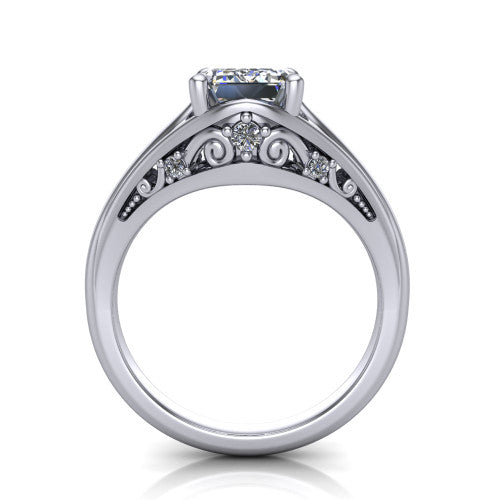 Lucy emerald solitaire engagement ring in 14K White Gold with pavé split shank and filigree gallery, through-finger front profile showing the filigree gallery