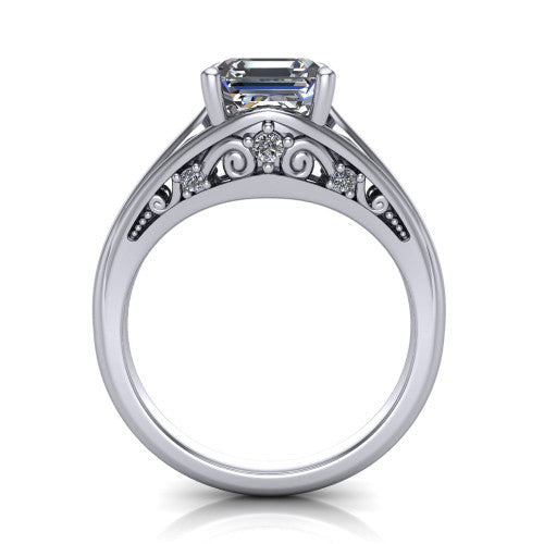 Lucy asscher solitaire engagement ring in Platinum with pavé split shank and filigree gallery, through-finger front profile showing the filigree gallery