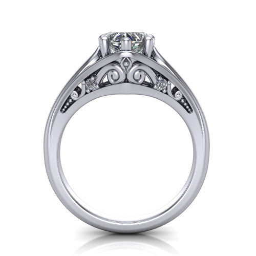 Lucy heart solitaire engagement ring in 18K White Gold with pavé split shank and filigree gallery, through-finger front profile showing the filigree gallery