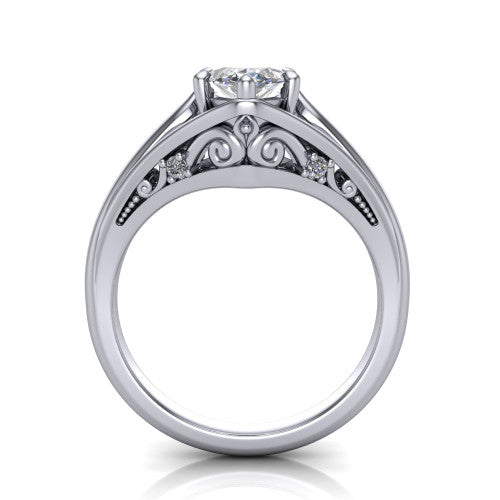 Lucy marquise solitaire engagement ring in 18K White Gold with pavé split shank and filigree gallery, through-finger front profile showing the filigree gallery