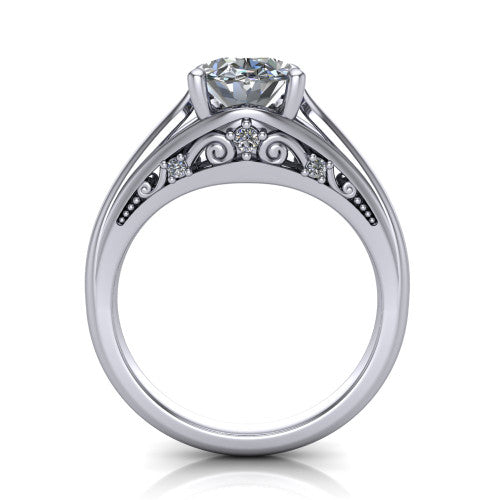 Lucy oval solitaire engagement ring in 18K White Gold with pavé split shank and filigree gallery, through-finger front profile showing the filigree gallery