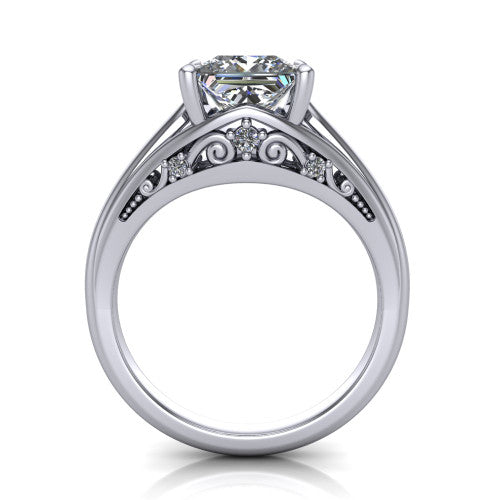 Lucy princess solitaire engagement ring in Platinum with pavé split shank and filigree gallery, through-finger front profile showing the filigree gallery