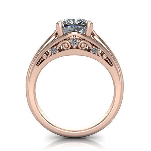 Lucy cushion solitaire engagement ring in 14K Rose Gold with pavé split shank and filigree gallery, through-finger front profile showing the filigree gallery