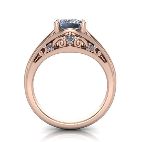 Lucy emerald solitaire engagement ring in 18K Rose Gold with pavé split shank and filigree gallery, through-finger front profile showing the filigree gallery