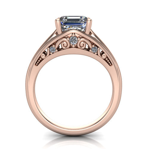 Lucy asscher solitaire engagement ring in 14K Rose Gold with pavé split shank and filigree gallery, through-finger front profile showing the filigree gallery