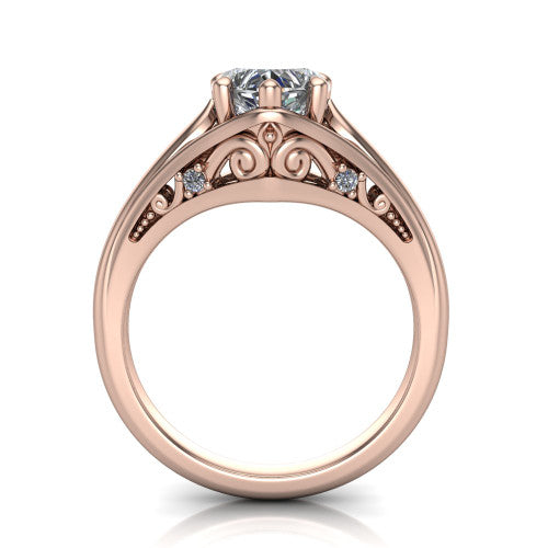 Lucy heart solitaire engagement ring in 14K Rose Gold with pavé split shank and filigree gallery, through-finger front profile showing the filigree gallery