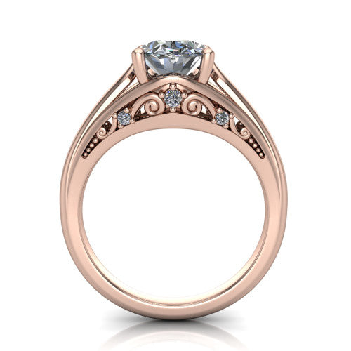 Lucy oval solitaire engagement ring in 18K Rose Gold with pavé split shank and filigree gallery, through-finger front profile showing the filigree gallery