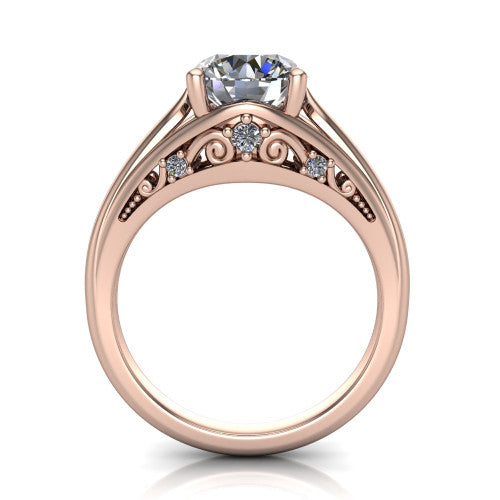 Lucy round solitaire engagement ring in 18K Rose Gold with pavé split shank and filigree gallery, through-finger front profile showing the filigree gallery