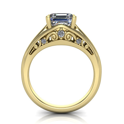 Lucy asscher solitaire engagement ring in 18K Yellow Gold with pavé split shank and filigree gallery, through-finger front profile showing the filigree gallery