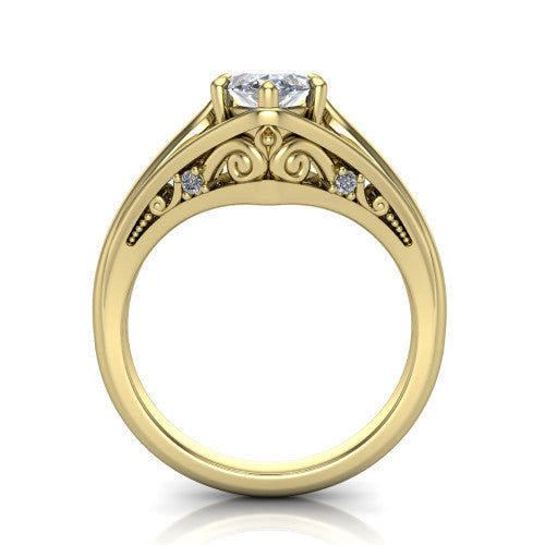 Lucy marquise solitaire engagement ring in 18K Yellow Gold with pavé split shank and filigree gallery, through-finger front profile showing the filigree gallery