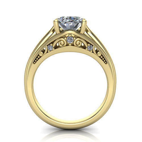 Lucy oval solitaire engagement ring in 18K Yellow Gold with pavé split shank and filigree gallery, through-finger front profile showing the filigree gallery