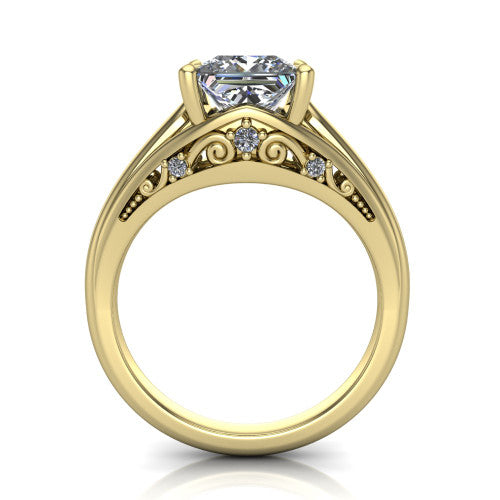 Lucy princess solitaire engagement ring in 14K Yellow Gold with pavé split shank and filigree gallery, through-finger front profile showing the filigree gallery