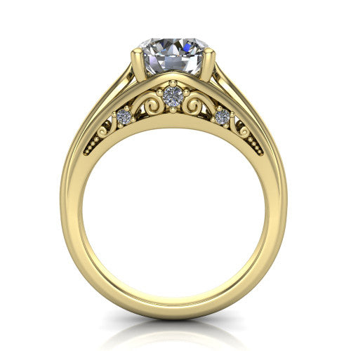 Lucy round solitaire engagement ring in 14K Yellow Gold with pavé split shank and filigree gallery, through-finger front profile showing the filigree gallery
