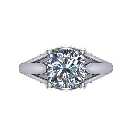 Lucy cushion solitaire engagement ring in 18K White Gold with pavé split shank and filigree gallery, top-down view of the center stone and split shank