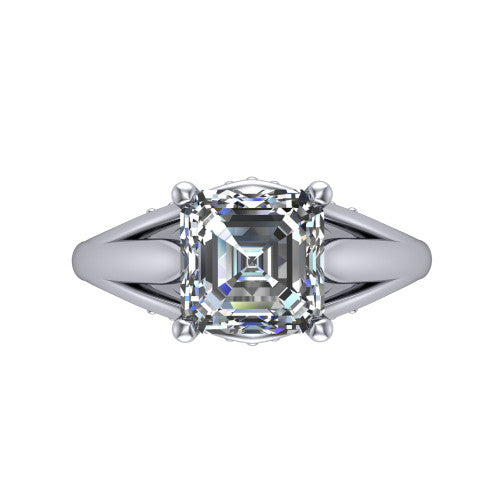 Lucy asscher solitaire engagement ring in Platinum with pavé split shank and filigree gallery, top-down view of the center stone and split shank