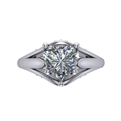 Lucy heart solitaire engagement ring in Platinum with pavé split shank and filigree gallery, top-down view of the center stone and split shank