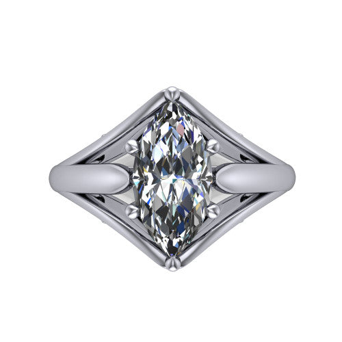 Lucy marquise solitaire engagement ring in 18K White Gold with pavé split shank and filigree gallery, top-down view of the center stone and split shank
