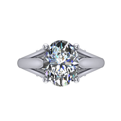 Lucy oval solitaire engagement ring in 18K White Gold with pavé split shank and filigree gallery, top-down view of the center stone and split shank
