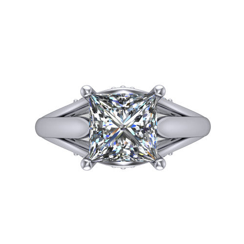 Lucy princess solitaire engagement ring in 18K White Gold with pavé split shank and filigree gallery, top-down view of the center stone and split shank