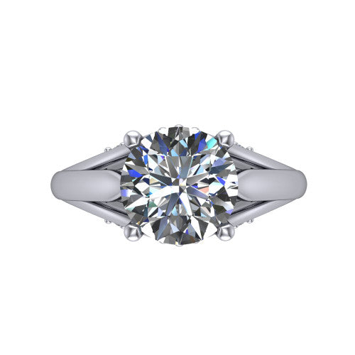 Lucy round solitaire engagement ring in 14K White Gold with pavé split shank and filigree gallery, top-down view of the center stone and split shank