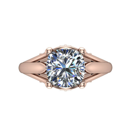 Lucy cushion solitaire engagement ring in 14K Rose Gold with pavé split shank and filigree gallery, top-down view of the center stone and split shank