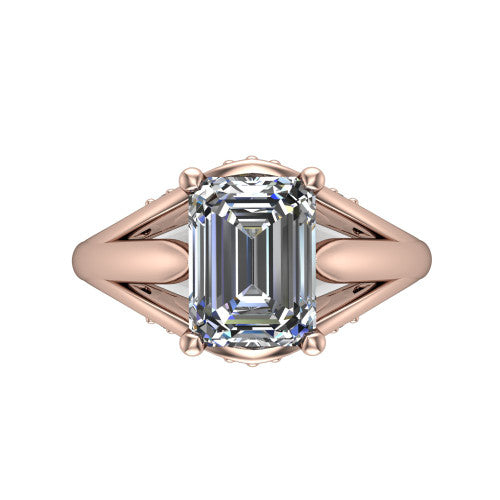 Lucy emerald solitaire engagement ring in 18K Rose Gold with pavé split shank and filigree gallery, top-down view of the center stone and split shank