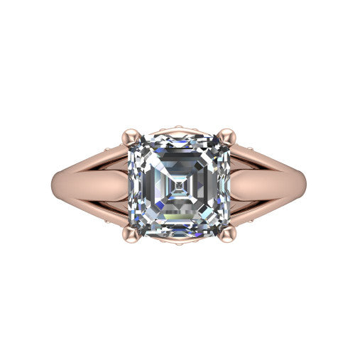 Lucy asscher solitaire engagement ring in 18K Rose Gold with pavé split shank and filigree gallery, top-down view of the center stone and split shank