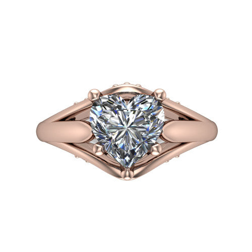 Lucy heart solitaire engagement ring in 18K Rose Gold with pavé split shank and filigree gallery, top-down view of the center stone and split shank