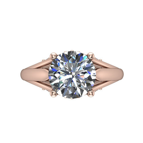 Lucy round solitaire engagement ring in 18K Rose Gold with pavé split shank and filigree gallery, top-down view of the center stone and split shank