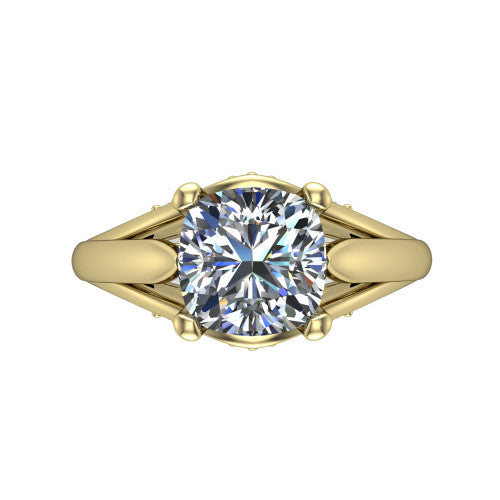 Lucy cushion solitaire engagement ring in 18K Yellow Gold with pavé split shank and filigree gallery, top-down view of the center stone and split shank