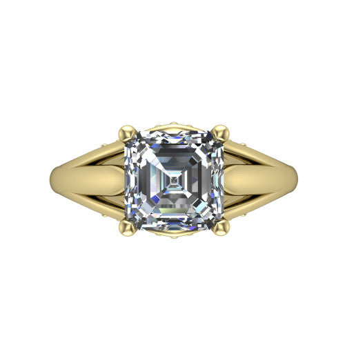 Lucy asscher solitaire engagement ring in 18K Yellow Gold with pavé split shank and filigree gallery, top-down view of the center stone and split shank