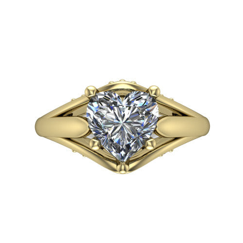 Lucy heart solitaire engagement ring in 18K Yellow Gold with pavé split shank and filigree gallery, top-down view of the center stone and split shank