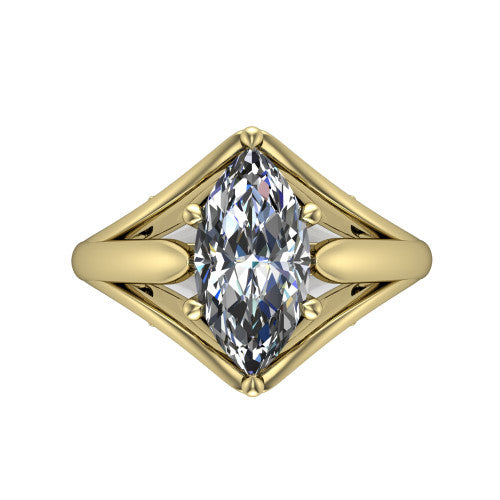 Lucy marquise solitaire engagement ring in 14K Yellow Gold with pavé split shank and filigree gallery, top-down view of the center stone and split shank