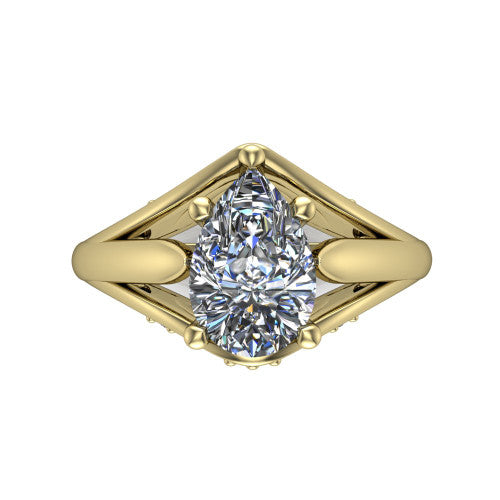 Lucy pear solitaire engagement ring in 14K Yellow Gold with pavé split shank and filigree gallery, top-down view of the center stone and split shank