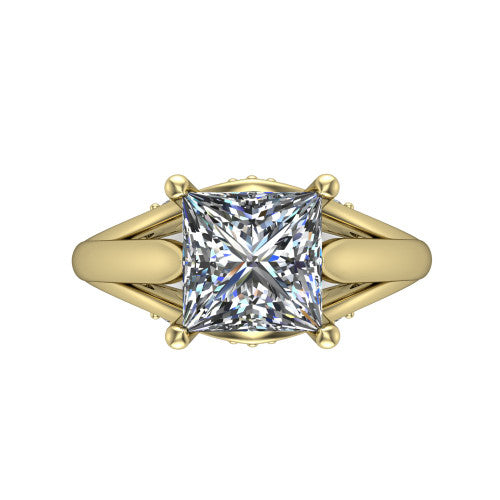 Lucy princess solitaire engagement ring in 14K Yellow Gold with pavé split shank and filigree gallery, top-down view of the center stone and split shank