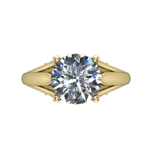 Lucy round solitaire engagement ring in 18K Yellow Gold with pavé split shank and filigree gallery, top-down view of the center stone and split shank