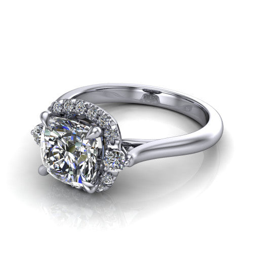 Riley cushion halo engagement ring in 14K White Gold with squared pavé halo and round side accents, three-quarter perspective view
