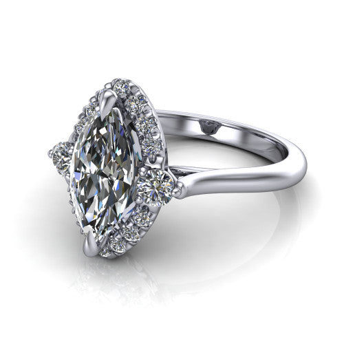 Riley marquise halo engagement ring in Platinum with squared pavé halo and round side accents, three-quarter perspective view