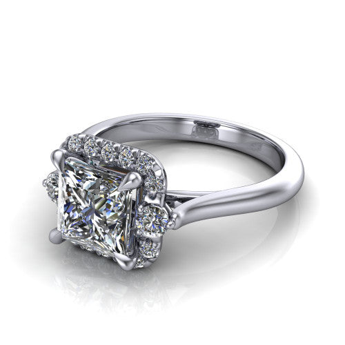 Riley princess halo engagement ring in 14K White Gold with squared pavé halo and round side accents, three-quarter perspective view