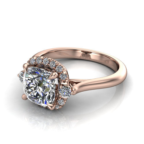 Riley cushion halo engagement ring in 14K Rose Gold with squared pavé halo and round side accents, three-quarter perspective view