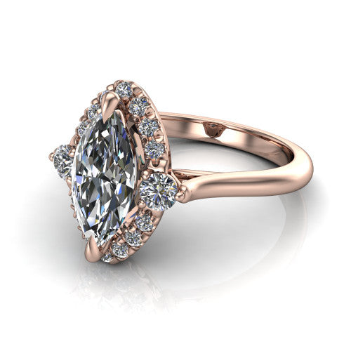 Riley marquise halo engagement ring in 14K Rose Gold with squared pavé halo and round side accents, three-quarter perspective view