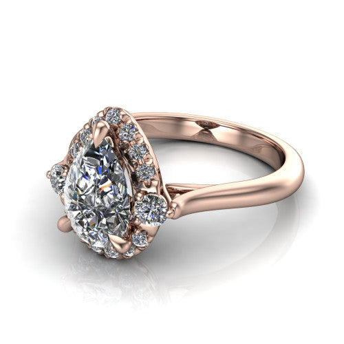 Riley pear halo engagement ring in 14K Rose Gold with squared pavé halo and round side accents, three-quarter perspective view
