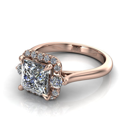Riley princess halo engagement ring in 14K Rose Gold with squared pavé halo and round side accents, three-quarter perspective view