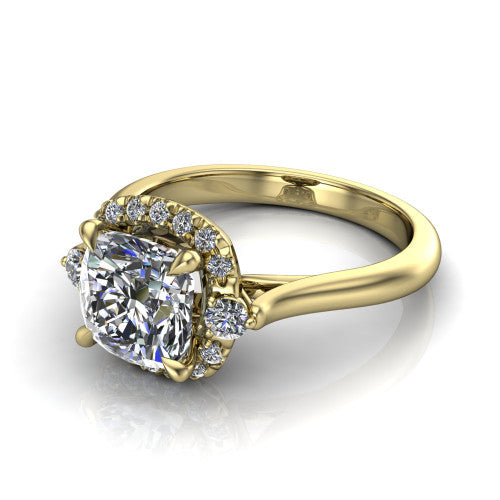 Riley cushion halo engagement ring in 14K Yellow Gold with squared pavé halo and round side accents, three-quarter perspective view