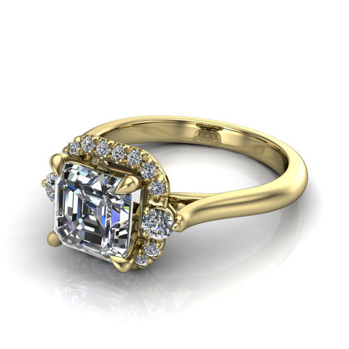 Riley asscher halo engagement ring in 18K Yellow Gold with squared pavé halo and round side accents, three-quarter perspective view