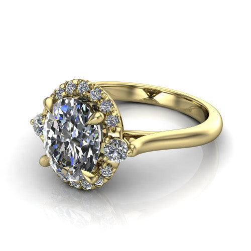 Riley oval halo engagement ring in 14K Yellow Gold with squared pavé halo and round side accents, three-quarter perspective view